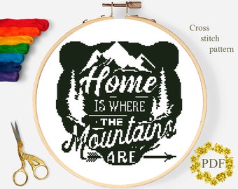 Bear Silhouette Modern Cross Stitch Pattern PDF, Mountain Landscape Counted Cross Stitch Chart, Animal, Nature Embroidery, Digital Download
