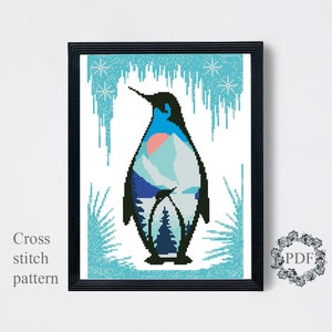 Penguin Modern Cross Stitch Pattern PDF, Winter Landscape Counted Cross Stitch Chart, Animal, Nature, Mountains, Embroidery Digital Download