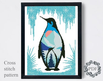 Penguin Modern Cross Stitch Pattern PDF, Winter Landscape Counted Cross Stitch Chart, Animal, Nature, Mountains, Embroidery Digital Download