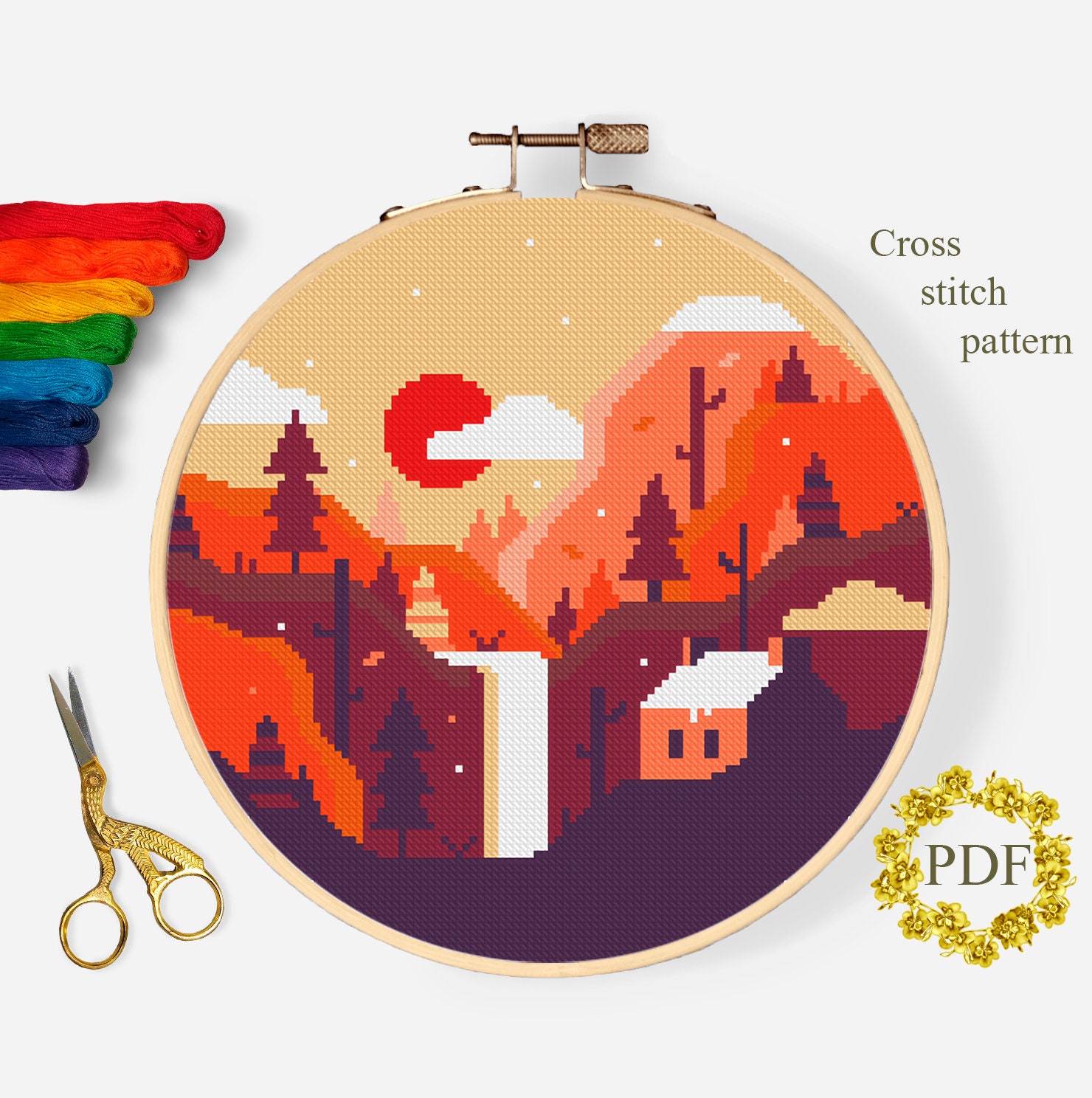 Autumn Landscape Modern Cross Stitch Pattern PDF, Mountains Counted Cross Stitch Chart, Nature, Waterfall, Hoop Embroidery, Digital Download