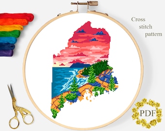 Maine State Map Modern Cross Stitch Pattern PDF, Sea Landscape Counted Cross Stitch Chart, Nature, Ocean, Hoop Embroidery, Digital Download