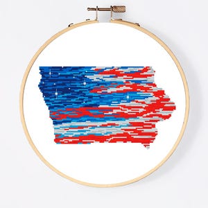 Iowa State Karte Modernes Kreuzstichmuster PDF, Amerikanische Flagge Kreuzstichvorlage, Sterne, Vaterländische Stickerei, digitaler Download