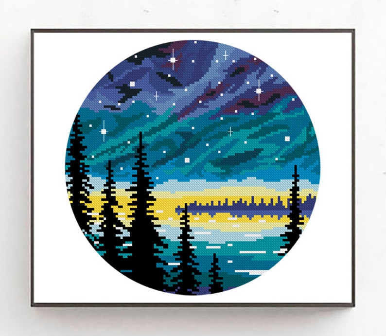 Starry Night Sky Modern Cross Stitch Pattern Northern Lights Etsy