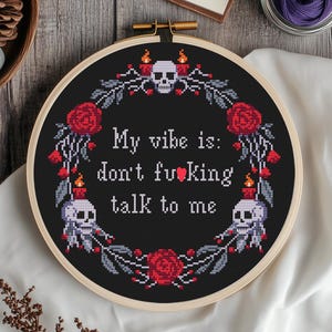 Vulgar cross stitch pattern PDF Flowers Snarky Subversive Quote chart Sarcastic embroidery Funny Adult Floral Wreath crossstitch gift skull