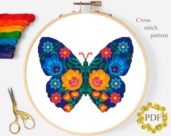Butterfly Floral Modern Cross Stitch Pattern PDF, Insect Counted Cross Stitch Chart, Flowers, Nature, Hoop Art Embroidery, Digital Download