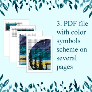 Pu&ograve; includere: Un file PDF con uno schema di punto croce con simboli a colori per una scena di cielo notturno con alberi e una luna. Il modello &egrave; distribuito su pi&ugrave; pagine.