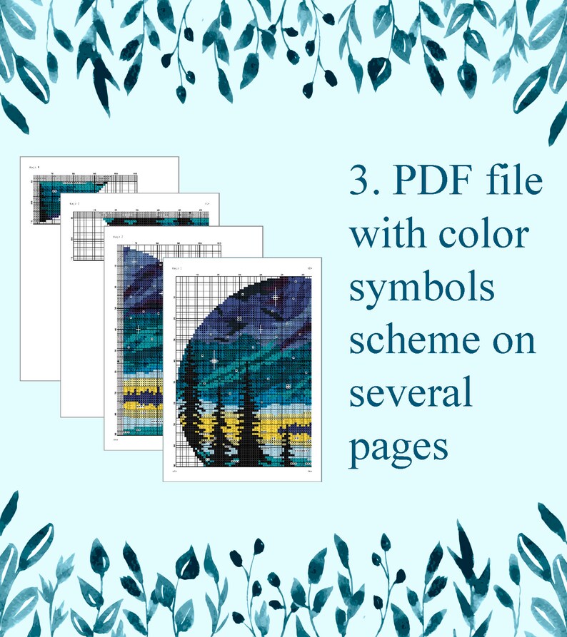 Pu&ograve; includere: Un file PDF con uno schema di punto croce con simboli a colori per una scena di cielo notturno con alberi e una luna. Il modello &egrave; distribuito su pi&ugrave; pagine.