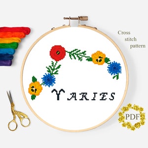 Aries Patrón de punto de cruz moderno PDF, Signo del zodíaco floral Gráfico de punto de cruz contado, Flores, Astrología, Bordado de aro, Descarga digital