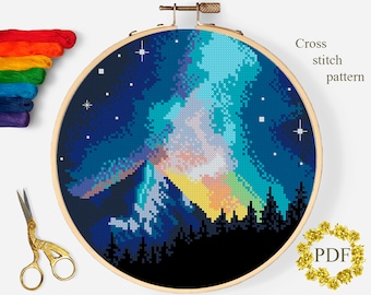 Northern Lights Modern Cross Stitch Pattern PDF, Landscape Counted Cross Stitch Chart, Nature, Mountains, Hoop Embroidery, Digital Download