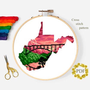 Padrão de ponto cruz moderno do estado da Virgínia Ocidental PDF, mapa de paisagem gráfico de ponto cruz contado, natureza, ponte, bordado, download digital
