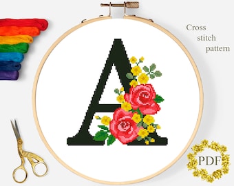 Set of 26 Letters Modern Cross Stitch Pattern, Monogram Floral Counted Cross Stitch Chart, Alphabet, Flower Rose, Digital Download PDF