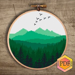 Mountain Landscape Modern Cross Stitch Pattern PDF, Forest Counted ...