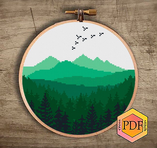Mountain Landscape Modern Cross Stitch Pattern PDF, Forest Counted ...