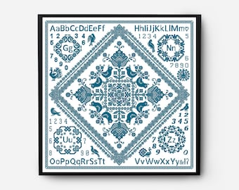 Folk Sampler Modern Cross Stitch Pattern PDF, Floral Monochrome Counted Cross Stitch Chart, Alphabet Letters Embroidery, Digital Download