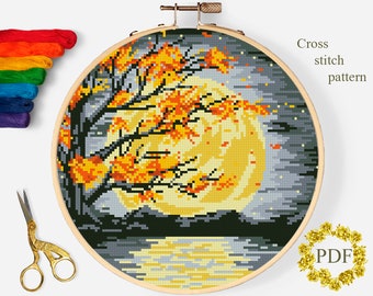 Branch Modern Cross Stitch Pattern PDF, Autumn Landscape Counted Cross Stitch Chart, Nature, Moon, Tree, River, Embroidery, Digital Download