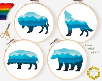 Set Animals Silhouette Modern Cross Stitch Pattern PDF, Blue Landscape Counted Cross Stitch Chart, Bison, Wolf, Bear, Boar, Digital Download