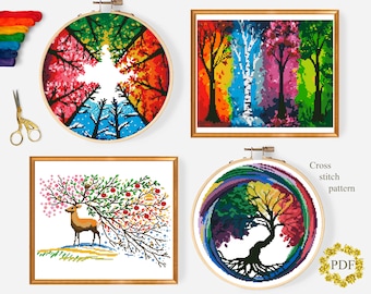 Set Seasons Modern Cross Stitch Pattern PDF, Landscape Counted Cross Stitch Chart, Tree of Life, Nature, Deer, Embroidery, Digital Download