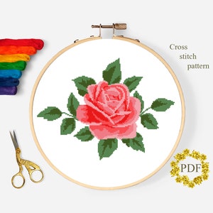 Roze roos modern kruissteekpatroon PDF, bloemgeteld kruissteekdiagram, natuur Xstitch patroon, hoepel kunst borduurwerk, digitale download