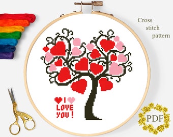 Tree of Hearts Modern Cross Stitch Pattern PDF, Valentines Day Counted Cross Stitch Chart, Love, Baby, Nursery, Embroidery, Digital Download