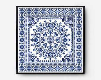 Monochromatic Sampler Cross Stitch Pattern PDF, Floral Folk Modern Counted Cross Stitch Chart, Pillow, Embroidery Antique, Instant Download