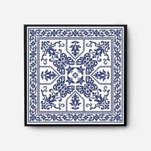 Folk Sampler Modern Cross Stitch Pattern PDF, Monochromatic Flowers Counted Cross Stitch Chart, Pillow, Carpet Embroidery, Digital Download