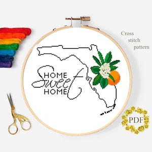 Florida State Flower Modern Cross Stitch Patroon PDF, USA Kaart Geteld Cross Stitch Chart, Oranjebloesem, Bloemen Borduursel Digitale Download