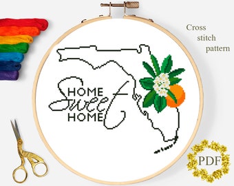 Florida State Flower Modern Cross Stitch Pattern PDF, USA Map Counted Cross Stitch Chart, Orange Blossom, Floral Embroidery Digital Download