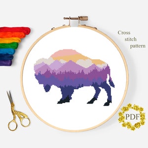 Bison Silhouette Modern Cross Stitch Pattern PDF, Mountain Landscape Counted Cross Stitch Chart, Nature, Animal, Forest, Digital Download