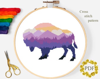 Bison Silhouette Modern Cross Stitch Pattern PDF, Mountain Landscape Counted Cross Stitch Chart, Nature, Animal, Forest, Digital Download
