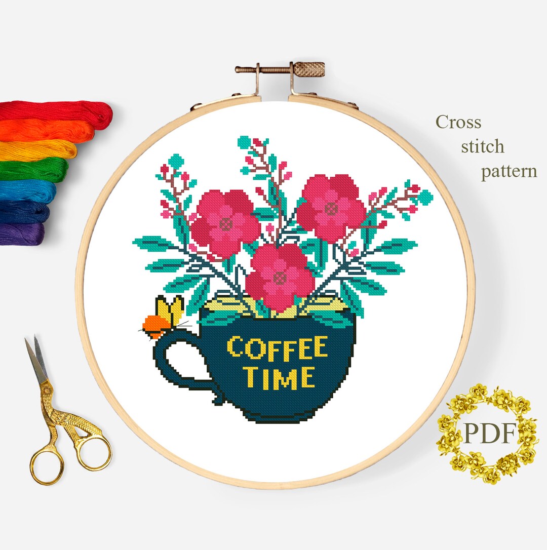Coffee Cup Time Modern Cross Stitch Pattern PDF, Flowers Counted Cross ...