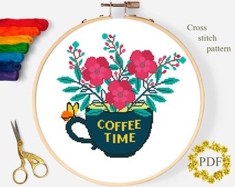 Coffee Cup Time Modern Cross Stitch Pattern PDF, Flowers Counted Cross Stitch Chart, Floral Bouquet, Nature, Embroidery, Digital Download