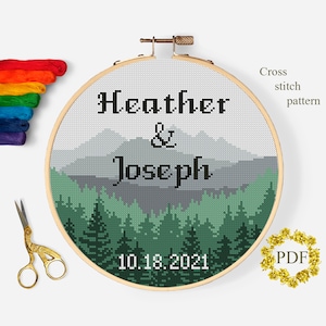 Wedding Modern Cross Stitch Pattern PDF, Anniversary Marriage Counted Cross Stitch Chart, Landscape, Personalized, Hoop Embroidery, Download