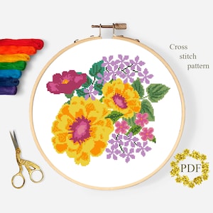 Patrón floral moderno de punto de cruz PDF, Cuadro de punto de cruz contado de flores, Xstitch de naturaleza, Ramo, Bordado de aro, Descarga digital PDF