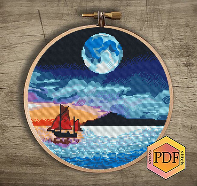 Landscape Modern Cross Stitch Pattern PDF, Sea Sailboat Counted Cross ...