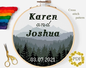 Wedding Modern Cross Stitch Pattern PDF, Anniversary Marriage Counted Cross Stitch Chart, Nature Landscape, Hoop Embroidery Digital Download