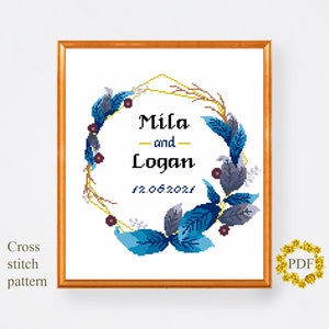ウェディングリースモダンクロスステッチパターンPDF、記念日結婚カウントクロスステッチチャート、花、花の刺繍、デジタルダウンロード