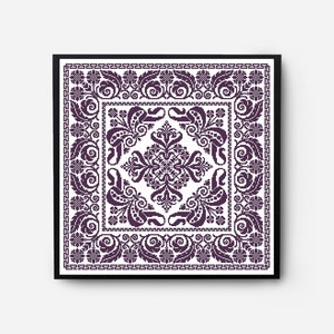 May include: A framed cross-stitch pattern with a purple floral design. The pattern is framed in a black frame and features a repeating floral motif.