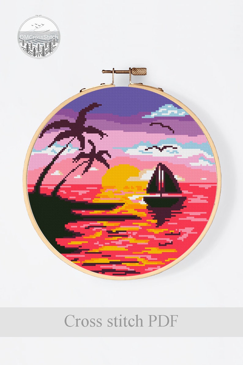 Sea Landscape Modern Cross Stitch Pattern PDF, Sunset Counted Cross ...