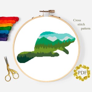 Biber Silhouette moderne Kreuzstichvorlage PDF, Berglandschaft Kreuzstichvorlage, Tier, Natur Stickerei digitaler Download