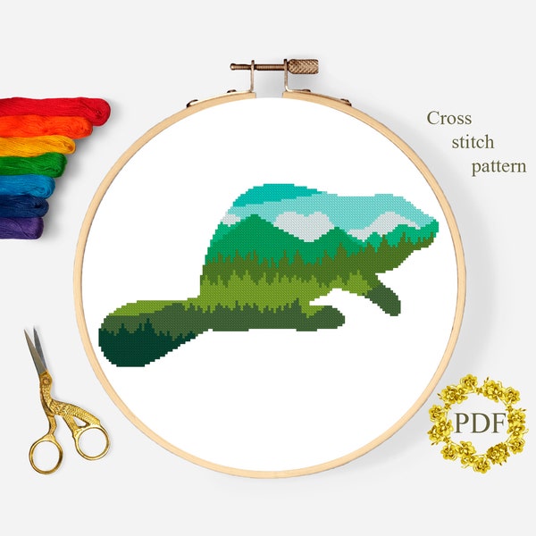 Beaver Silhouette Modern Cross Stitch Pattern PDF, Mountain Landscape Counted Cross Stitch Chart, Animal, Nature Embroidery Digital Download