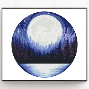 Landscape Modern Cross Stitch Pattern PDF, Moon Counted Cross Stitch Chart, Nature, Stars, Forest, River, Hoop Embroidery, Digital Download image 3
