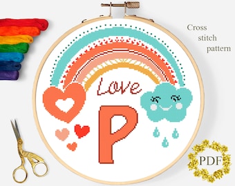 Letter P Modern Cross Stitch Pattern PDF, Monogram Baby Counted Cross Stitch Chart, Boho Rainbow, Kids, Love, Embroidery, Digital Download