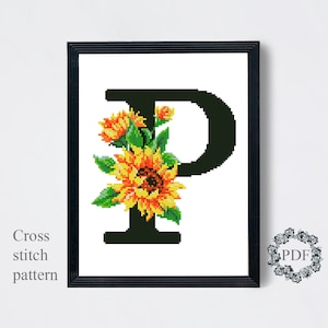 Letra P Moderno Padrão de Ponto Cruz PDF, Monograma Floral Contado Gráfico de Ponto Cruz, Flor Girassol, Bordado Ucrânia, Download Digital