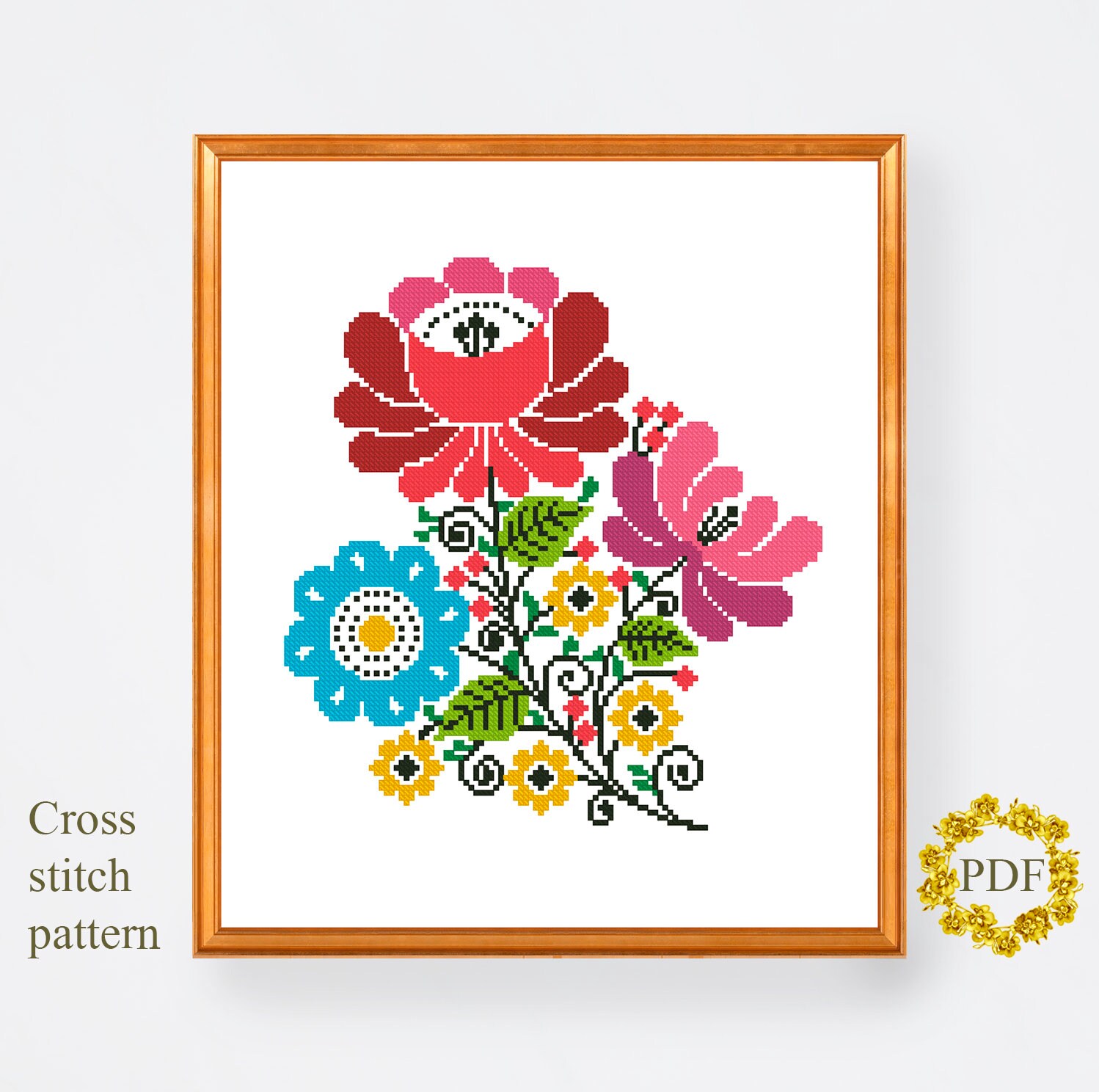 Floral Folk Art Cross Stitch Pattern PDF Modern Flowers Etsy