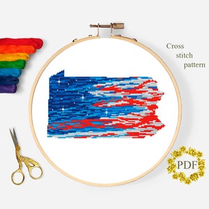 Pennsylvania State Moderne Kreuzstich Anleitung PDF, Flagge Amerika Kreuzstich Stickmuster, Landkarte USA, Vaterländische Stickerei, digitaler Download