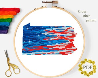 Pennsylvania State Modern Cross Stitch Pattern PDF, Flag America Counted Cross Stitch Chart, Map USA, Patriotic Embroidery, Digital Download
