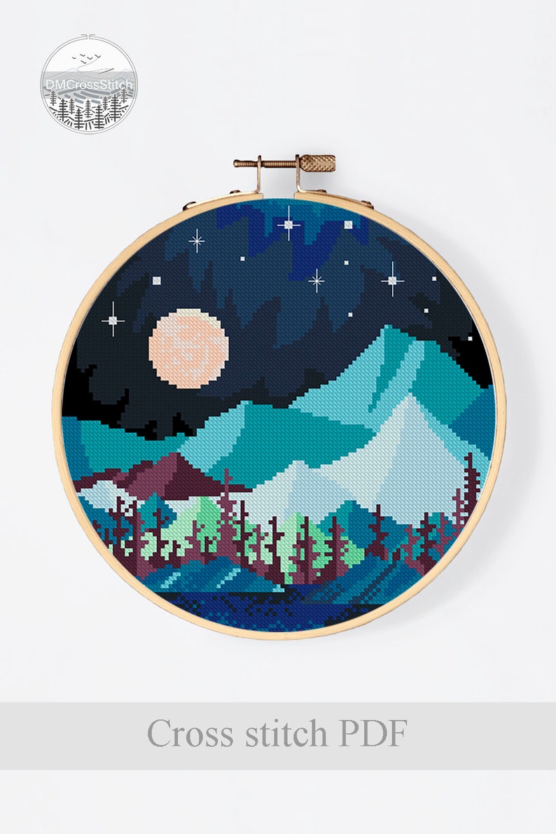 Winter Landscape Modern Cross Stitch Pattern PDF, Mountain Counted ...
