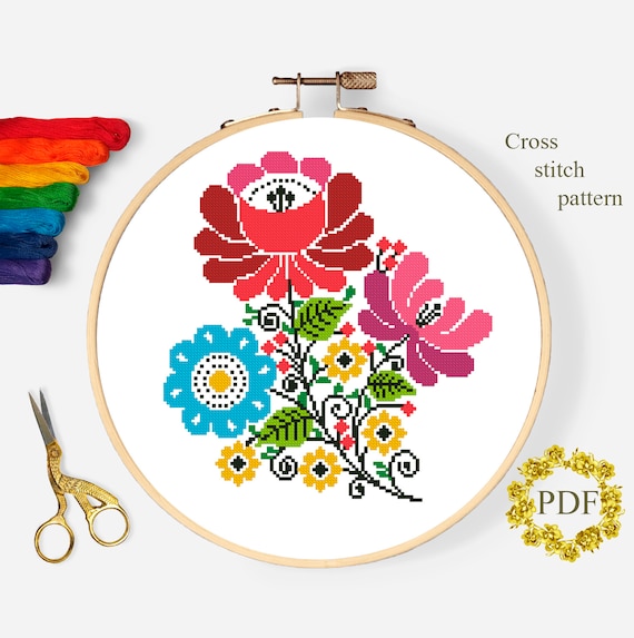 Floral Folk Art Cross Stitch Pattern PDF Modern Flowers Etsy