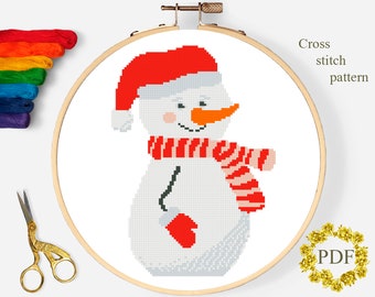 Snowman Modern Cross Stitch Pattern PDF, Christmas Counted Cross Stitch Chart, Xmas, Winter, Holiday, Baby, Hoop Embroidery Digital Download