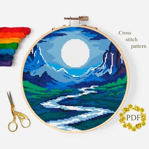 Berge Modernes Kreuzstichmuster PDF, Landschaft Kreuzstichvorlage, Natur Xstitch, Mond, Fluss, Stickerei, digitaler Download